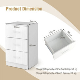 2Pcs Night Stand Organizer 3 Drawer Chest Storage Cabinet Dresser White - thumbnail 2