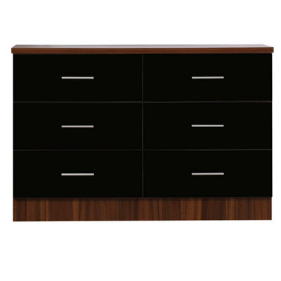 Reflect Wide 6 Drawer Chest - Black Gloss & Walnut - Modern Bedroom Storage Unit With Drawers - H: 75Cm X W: 112Cm X D: 40Cm - image 1