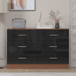 Reflect Wide 6 Drawer Chest - Black Gloss & Walnut - Modern Bedroom Storage Unit With Drawers - H: 75Cm X W: 112Cm X D: 40Cm - thumbnail 2