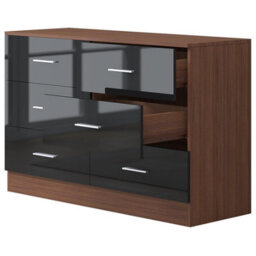 Reflect Wide 6 Drawer Chest - Black Gloss & Walnut - Modern Bedroom Storage Unit With Drawers - H: 75Cm X W: 112Cm X D: 40Cm - thumbnail 4