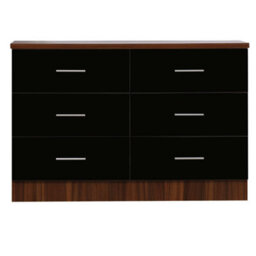 Reflect Wide 6 Drawer Chest - Black Gloss & Walnut - Modern Bedroom Storage Unit With Drawers - H: 75Cm X W: 112Cm X D: 40Cm