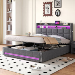 Abrihome 5Ft King Linen Upholstered Bed With Hydraulic Storage & Led Headboard - Button Tufted Bed Frame With Usb/type-C Charging Station - thumbnail 1