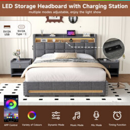 Abrihome 5Ft King Linen Upholstered Bed With Hydraulic Storage & Led Headboard - Button Tufted Bed Frame With Usb/type-C Charging Station - thumbnail 4