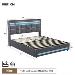 Abrihome 5Ft King Linen Upholstered Bed With Hydraulic Storage & Led Headboard - Button Tufted Bed Frame With Usb/type-C Charging Station - thumbnail 7