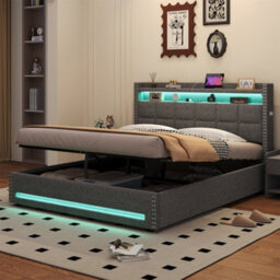 Abrihome 5Ft King Linen Upholstered Bed With Hydraulic Storage & Led Headboard - Button Tufted Bed Frame With Usb/type-C Charging Station - thumbnail 8