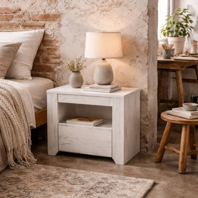 Wyld Haus Norwich Aged Effect Soft Grey Wood Veneer Bedside Cabinet, 1 Drawer - image 1