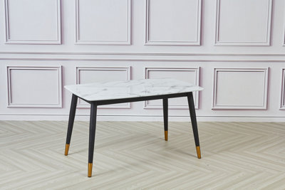 Alexander 130Cm Rectangular White Marble Effect Dining Table, Black & Gold Metal Legs - image 1