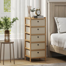 Homcom Chest Of Drawers, 5 Drawers Dresser With Bamboo Frame, Cream White
