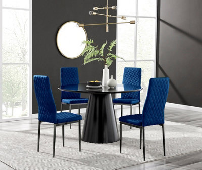 Furniturebox Uk Palma Black Semi-Gloss Round Pedestal Dining Table & 4 Navy Velvet Milan Black Leg Chairs - image 1