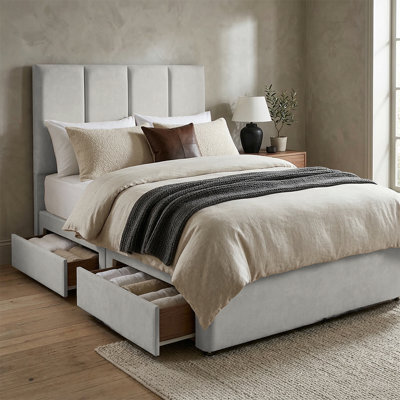 "Adore Designs Stafford Plush Velvet Divan Bed, 50"" Headboard - 6Ft Super King - Silver - 2 Drawers Same Side" - image 1