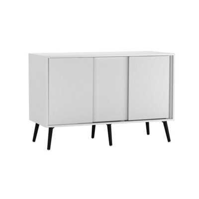 Urbn-Living Urbnliving 3-Door Sliding Cabinet Sideboard White Carcass With White Doors Storage Organiser Home Cupboard Black Wooden Legs - image 1