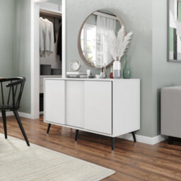 Urbn-Living Urbnliving 3-Door Sliding Cabinet Sideboard White Carcass With White Doors Storage Organiser Home Cupboard Black Wooden Legs - thumbnail 2