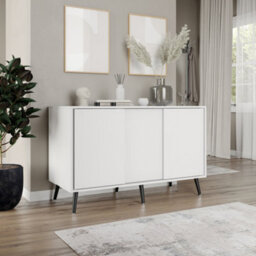Urbn-Living Urbnliving 3-Door Sliding Cabinet Sideboard White Carcass With White Doors Storage Organiser Home Cupboard Black Wooden Legs - thumbnail 3