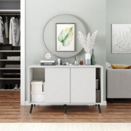 Urbn-Living Urbnliving 3-Door Sliding Cabinet Sideboard White Carcass With White Doors Storage Organiser Home Cupboard Black Wooden Legs - thumbnail 4