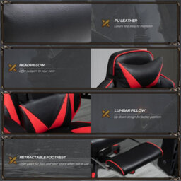 Vinsetto Gaming Chair Ergonomic Reclining Manual Footrest Wheels Stylish Red - thumbnail 7