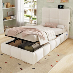 Modernluxe 3Ft Single Bed, 90X190 Cm, Ottoman Bed, Hydraulic Bed, With Upholstered Headboard, Velvet, Beige - thumbnail 1