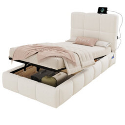 Modernluxe 3Ft Single Bed, 90X190 Cm, Ottoman Bed, Hydraulic Bed, With Upholstered Headboard, Velvet, Beige - thumbnail 3