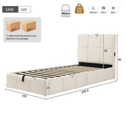 Modernluxe 3Ft Single Bed, 90X190 Cm, Ottoman Bed, Hydraulic Bed, With Upholstered Headboard, Velvet, Beige - thumbnail 4