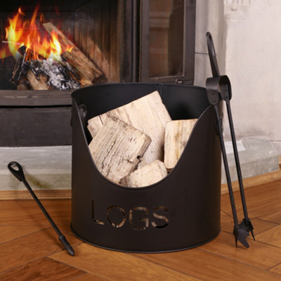 Dibor Country Fireside Log Storage And Kindling Bucket With Poker And Tongs - image 1