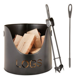 Dibor Country Fireside Log Storage And Kindling Bucket With Poker And Tongs - thumbnail 2