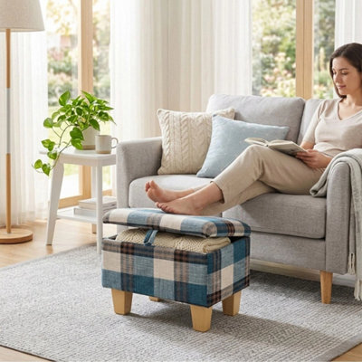 Linen Feel Footstool Stool Storage Ottoman Pouffe Seat Stool Plaid Check Toy Box - image 1
