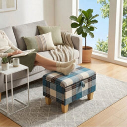 Linen Feel Footstool Stool Storage Ottoman Pouffe Seat Stool Plaid Check Toy Box - thumbnail 4