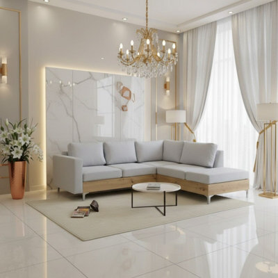 Orlando Wood Corner Sofa For Living Room With Metal Legs Wooden Frame And Cushions 2355X212X85 Cm Light Grey And Artisan Right - image 1