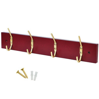 Keypak 4-Hook Door Wall Mounted Coat Rack, 38Cm - Mahogany Effect Board, Brass Plated Coat Hooks - Fixings Included - image 1
