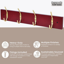 Keypak 4-Hook Door Wall Mounted Coat Rack, 38Cm - Mahogany Effect Board, Brass Plated Coat Hooks - Fixings Included - thumbnail 2