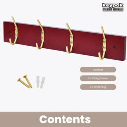 Keypak 4-Hook Door Wall Mounted Coat Rack, 38Cm - Mahogany Effect Board, Brass Plated Coat Hooks - Fixings Included - thumbnail 4