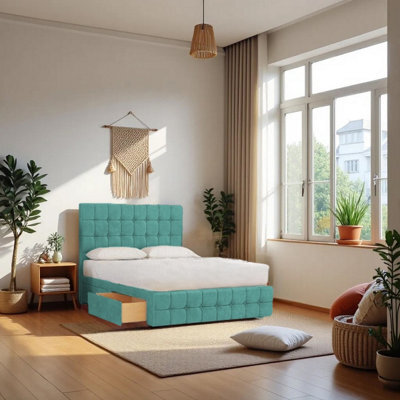 "Knight Sleep Munic Light Blue Plush 4Ft Bed Set With Mattress, 2 Drawers Same Side & 24""headboard - Small Double"