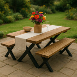 Nook Dining Table (140X66 Table) And 2 Benches Black Metal Cross Legs Outdoor Set - thumbnail 3