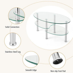 Costway 3-Tire Modern Oval Tea Table Smooth Glass Coffee Table Sofa End Side Table - thumbnail 8