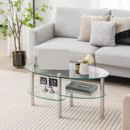 Costway 3-Tire Modern Oval Tea Table Smooth Glass Coffee Table Sofa End Side Table - thumbnail 1