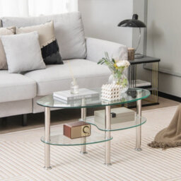 Costway 3-Tire Modern Oval Tea Table Smooth Glass Coffee Table Sofa End Side Table - thumbnail 4