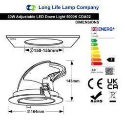 Long Life Lamps Company 30W Led Downlight Adjustable Commercial Recessed Black Ceiling Spot Light 5000K Cda02 - thumbnail 2