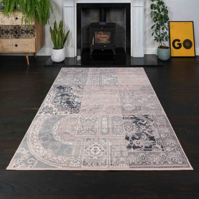 Loomed Blush Pink Grey Traditional Patchwork Living Room Rug 160X230Cm - image 1