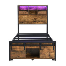 Abrihome 3Ft Single Metal Bed With Multi-Color Led Lights & Charging Ports, Storage Bed Frame, Black - thumbnail 5