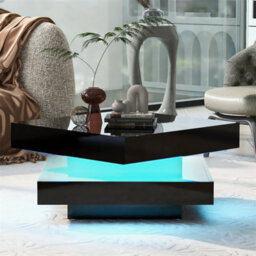 Abrihome Black Square High Gloss Coffee Table With Rotating Top, Tea Table With 16-Color Led Light, 70X70X36 Cm
