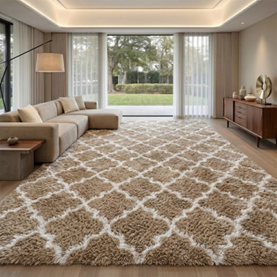 Khaki Geometric Moroccan Shaggy Rug 60X120Cm - Ultra Soft, Anti-Slip, 50mm Pile For Living Room & Bedroom - image 1