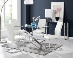 Furniturebox Leonardo 4 Seater Rectangular Glass Dining Table With Silver Metal Legs & 4 White Lorenzo Faux Leather Chairs