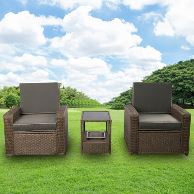3 Piece Rattan Furniture Set, Patio Rattan Bistro Set With Ice Bucket, 2 Single Armchair With Soft Cushion Garden Patio Set - Gray - image 1