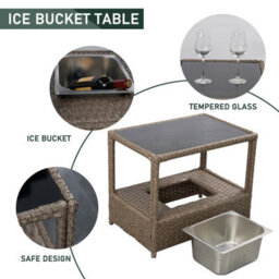 3 Piece Rattan Furniture Set, Patio Rattan Bistro Set With Ice Bucket, 2 Single Armchair With Soft Cushion Garden Patio Set - Gray - thumbnail 5