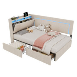 Modernluxe 3Ft Single Bed, Daybed, 90X190Cm, Linen, Beige, With Drawers, Led Headboard Storage With Charging Station - thumbnail 9