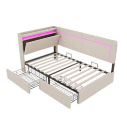Modernluxe 3Ft Single Bed, Daybed, 90X190Cm, Linen, Beige, With Drawers, Led Headboard Storage With Charging Station - thumbnail 8