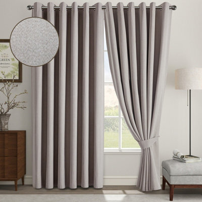 Aspire Homeware Beige Linen 100% Blackout Curtain Thermal Insulated Eyelet Curtain Pair (W)168Cm X (D)183Cm With Tie Back