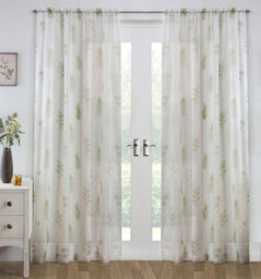 "Tyrone Textiles Bracken Green Leaf Print Linen-Look Voile Panel - Pair 140 X 229 Cm (55X90"")" - thumbnail 1