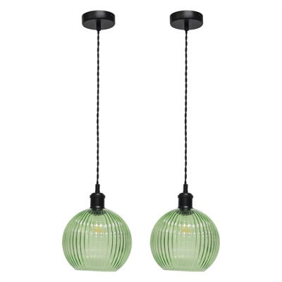 First Choice Lighting Set Of 2 Betchley - Green Ribbed Glass Black Retro Pendant Fittings - image 1