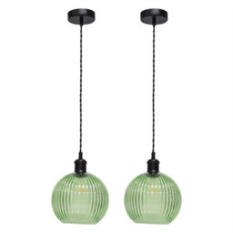 First Choice Lighting Set Of 2 Betchley - Green Ribbed Glass Black Retro Pendant Fittings