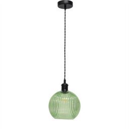 First Choice Lighting Set Of 2 Betchley - Green Ribbed Glass Black Retro Pendant Fittings - thumbnail 2